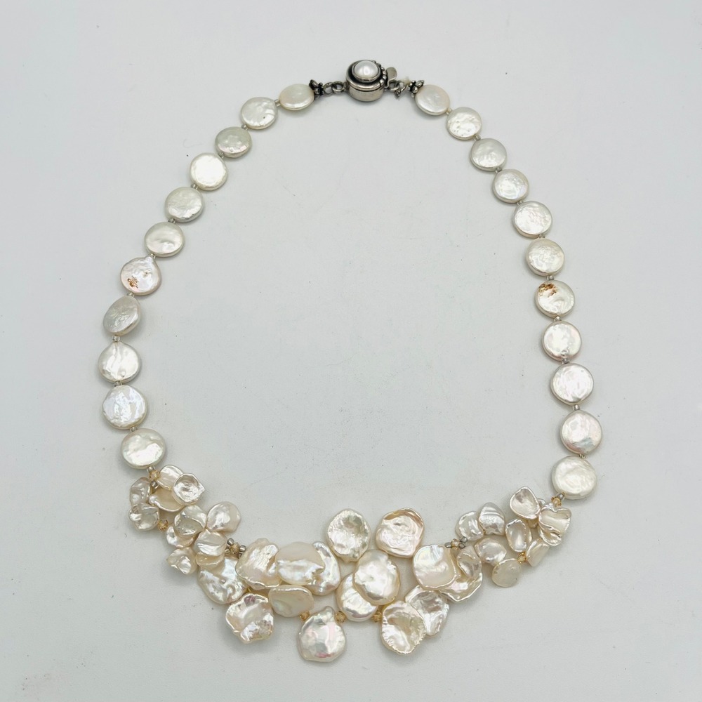 Sterling Silver 925 Keshi Cultured Pearl White Coin Cluster Bib Necklace 19"